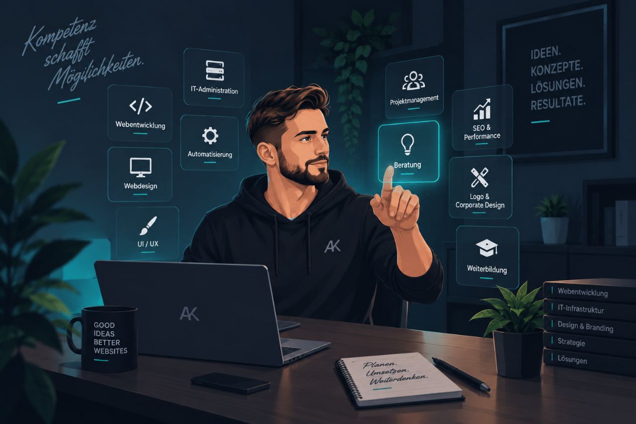 Illustration eines Freelancers zwischen Webentwicklung, IT-Administration, SEO und Beratung