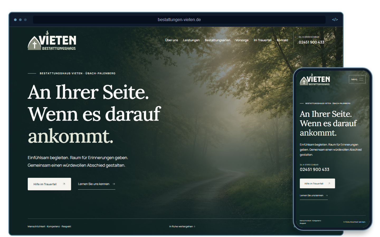 Desktop- und Smartphoneansicht der Website von Bestattungen Vieten