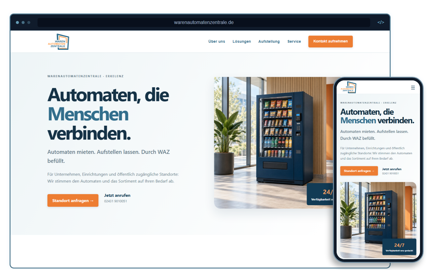 Aktuelle Desktop- und Smartphoneansicht der Warenautomatenzentrale